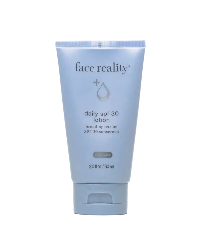 A tube of Daily SPF 30 Lotion by Face Reality, indicating broad spectrum UVA and UVB protection.