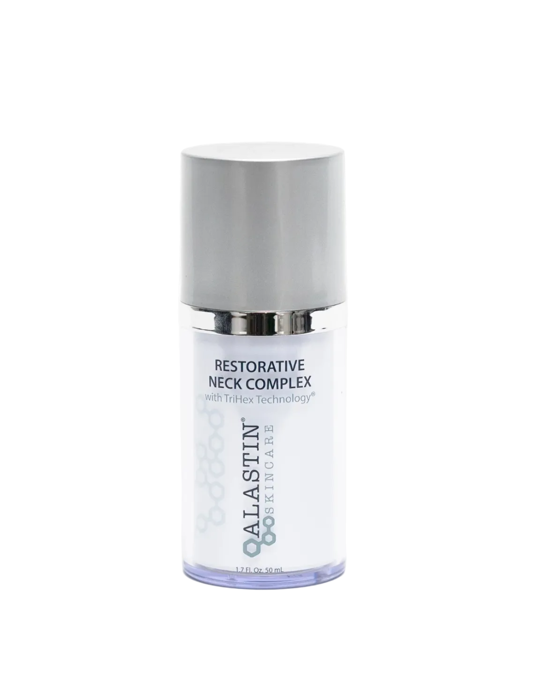 A bottle of Alastin Restorative Neck Complex skincare product against a white background.