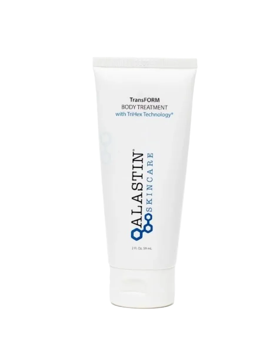 A travel size tube of Alastin TransFORM Body Treatment cream.