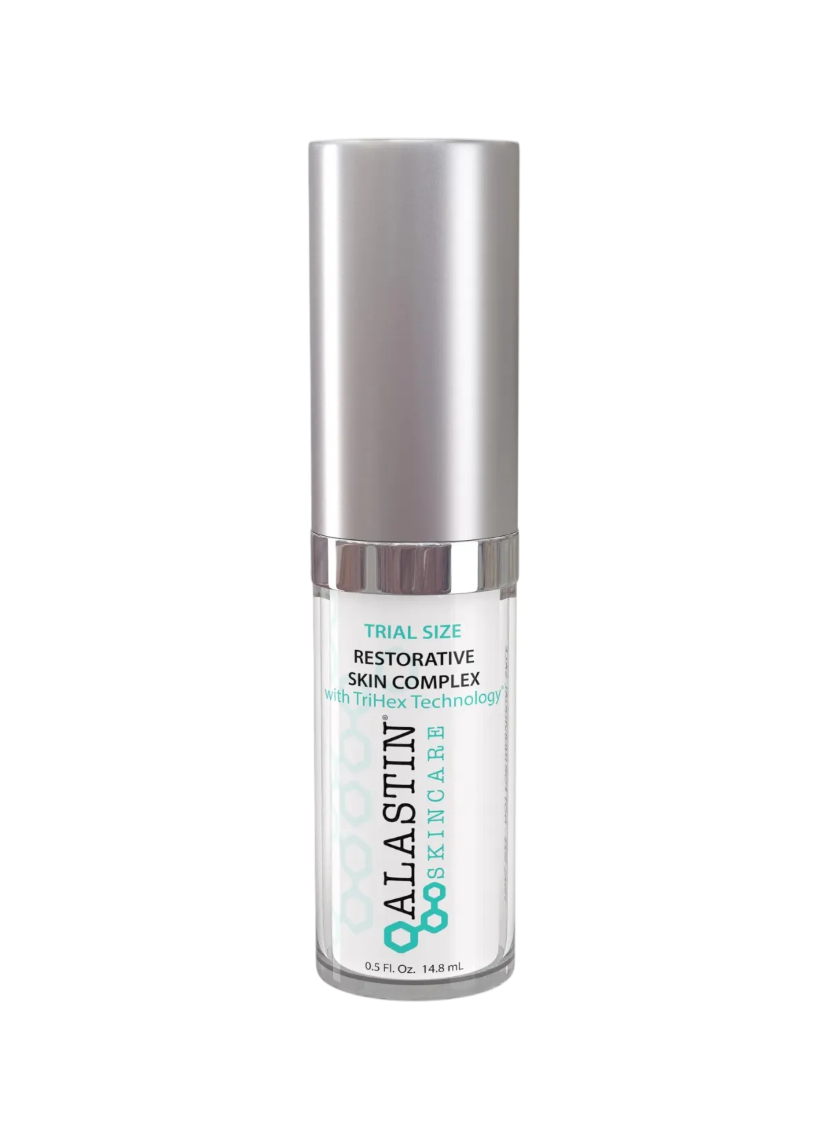 A travel-size bottle of Alastin Restorative Skin Complex, designed for anti-aging skincare.