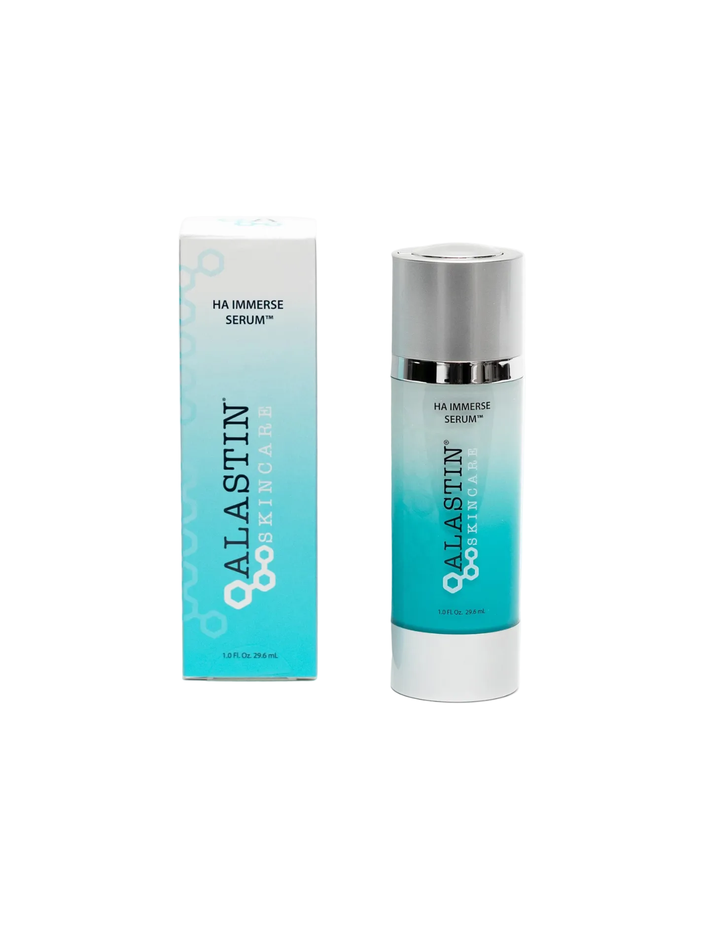 A bottle of Alastin HA Immerse Serum next to its packaging box. The bottle is white with a blue label, and the box has the product name and a blue design.