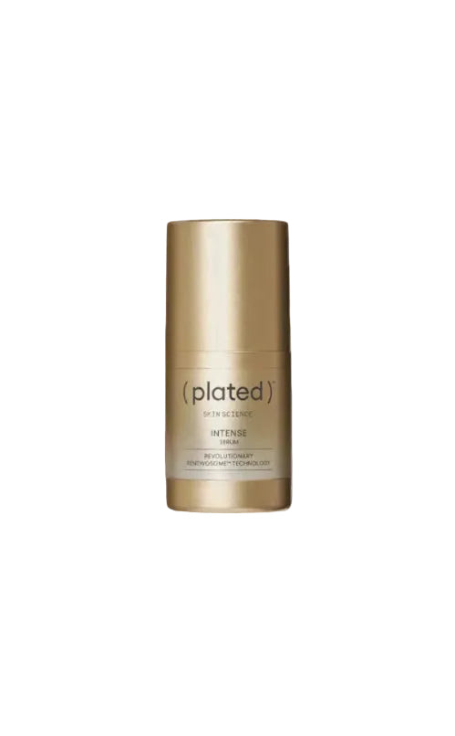 Gold serum bottle labeled 'plated Skin Science Intense Serum' on a white background