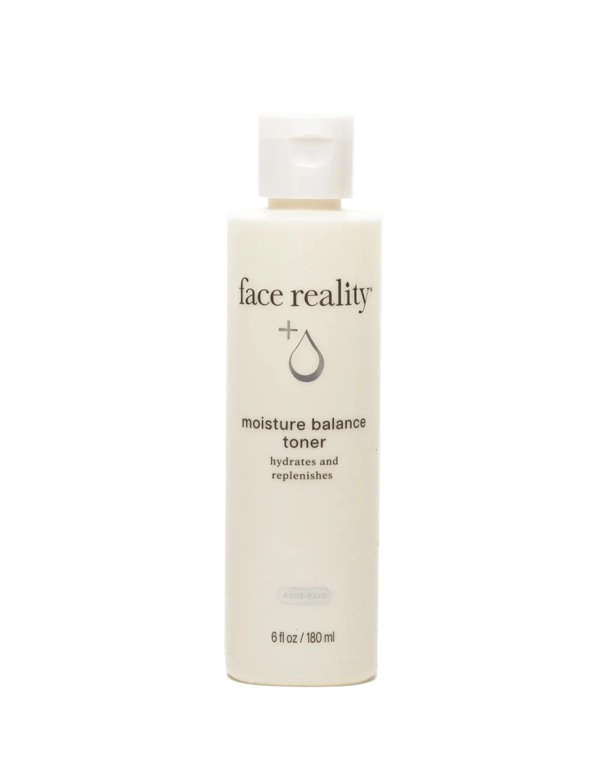 A bottle of Moisture Balance Toner by face reality, with a white label and cap, on a white background.