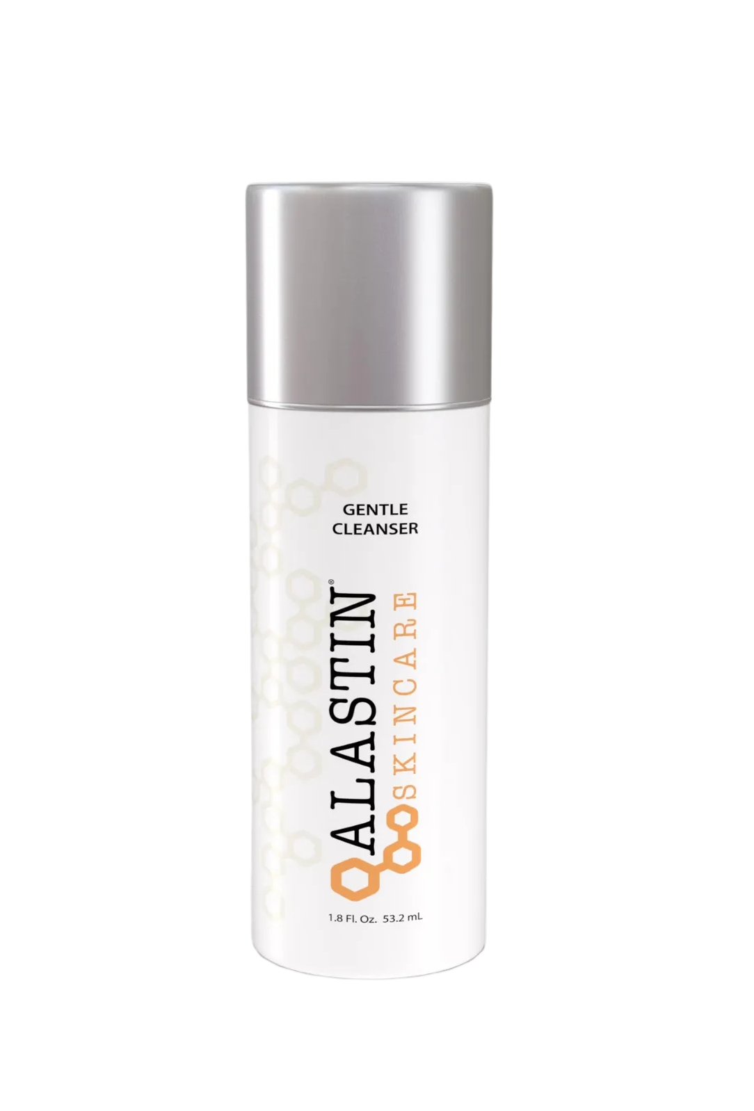 A travel-sized bottle of Alastin Gentle Cleanser with a white and orange design on the label.