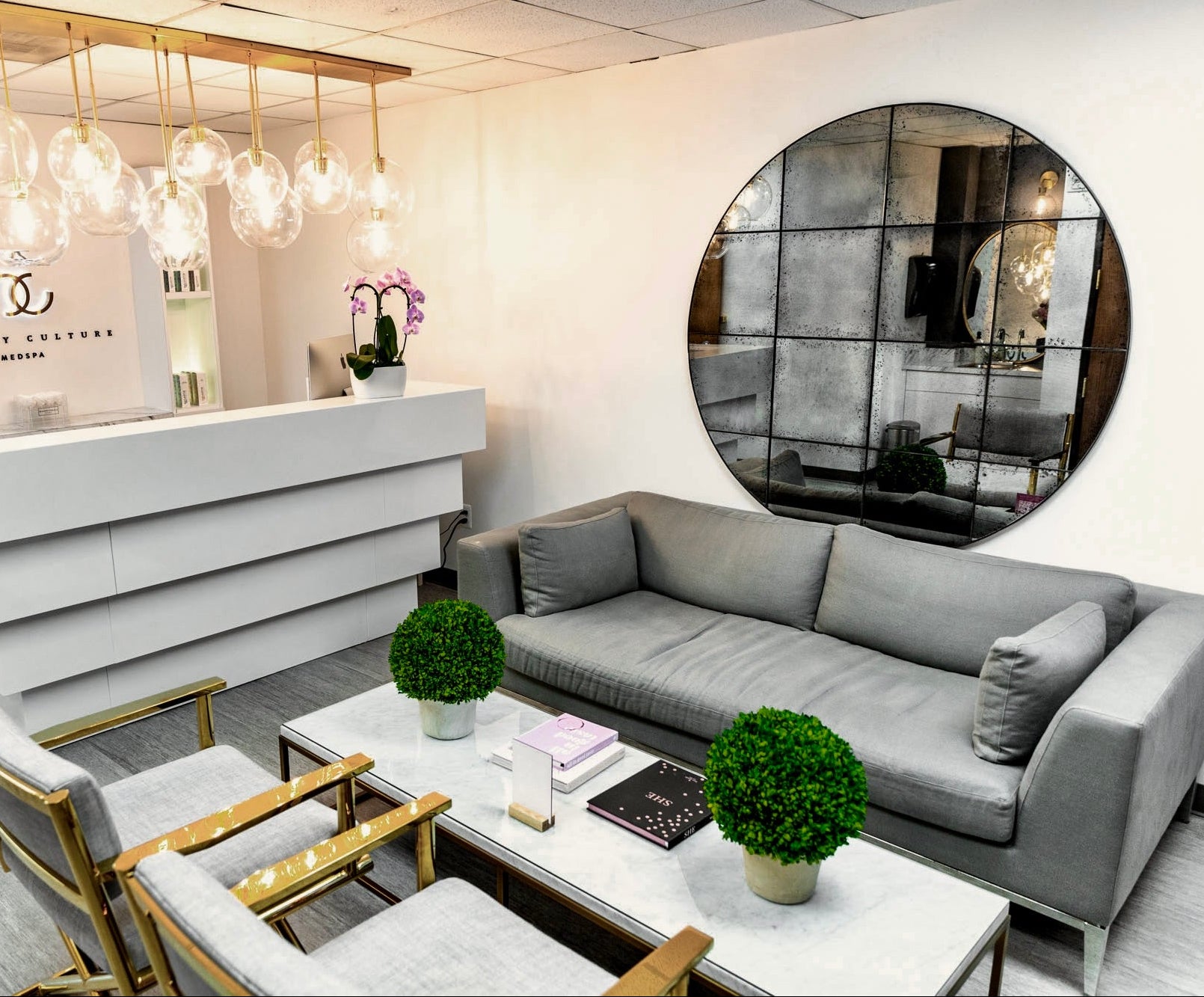 Modern interior design with a gray sofa, coffee table, and decorative elements.