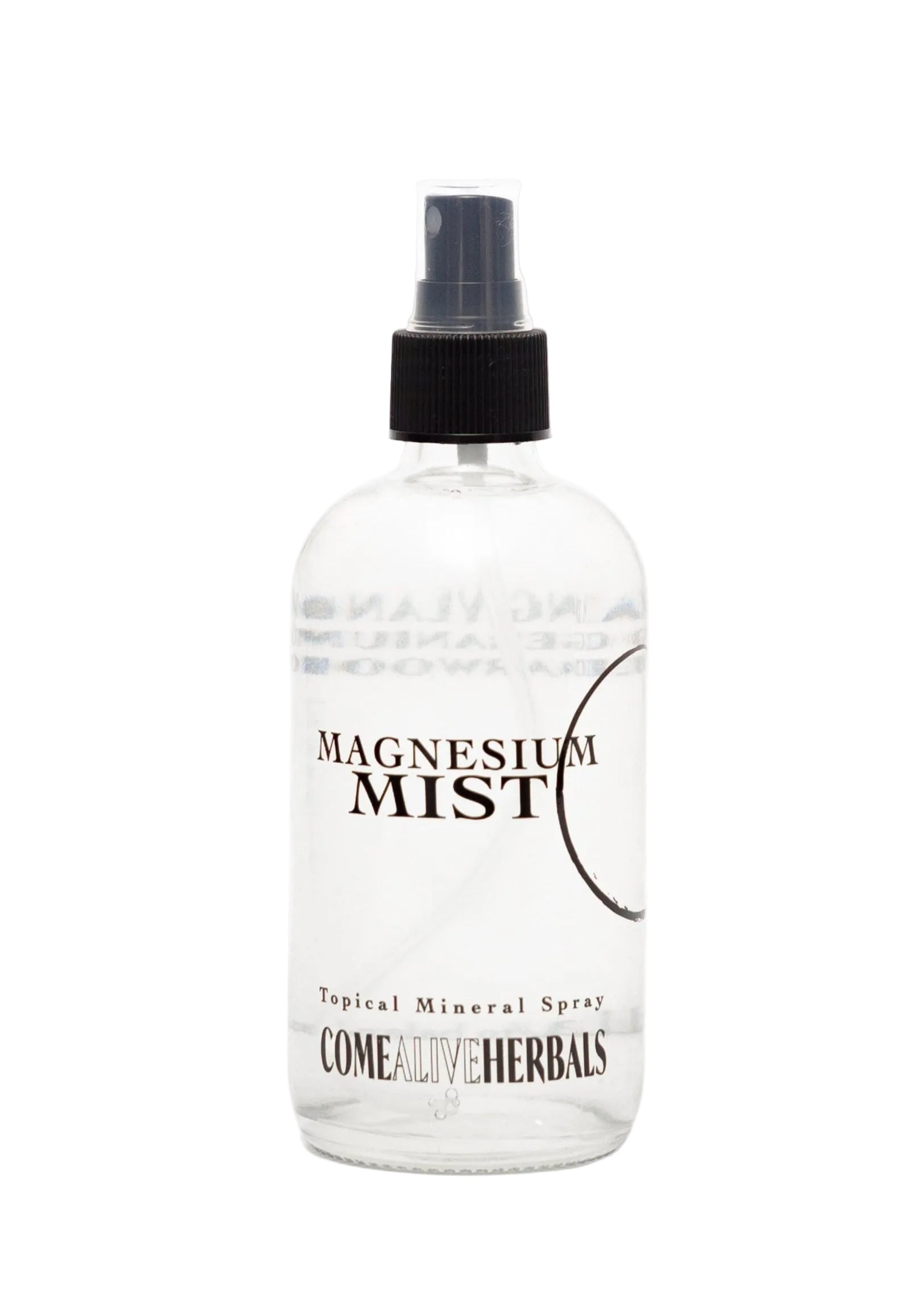 Bottle of Magnesium Mist with a black cap on a white background