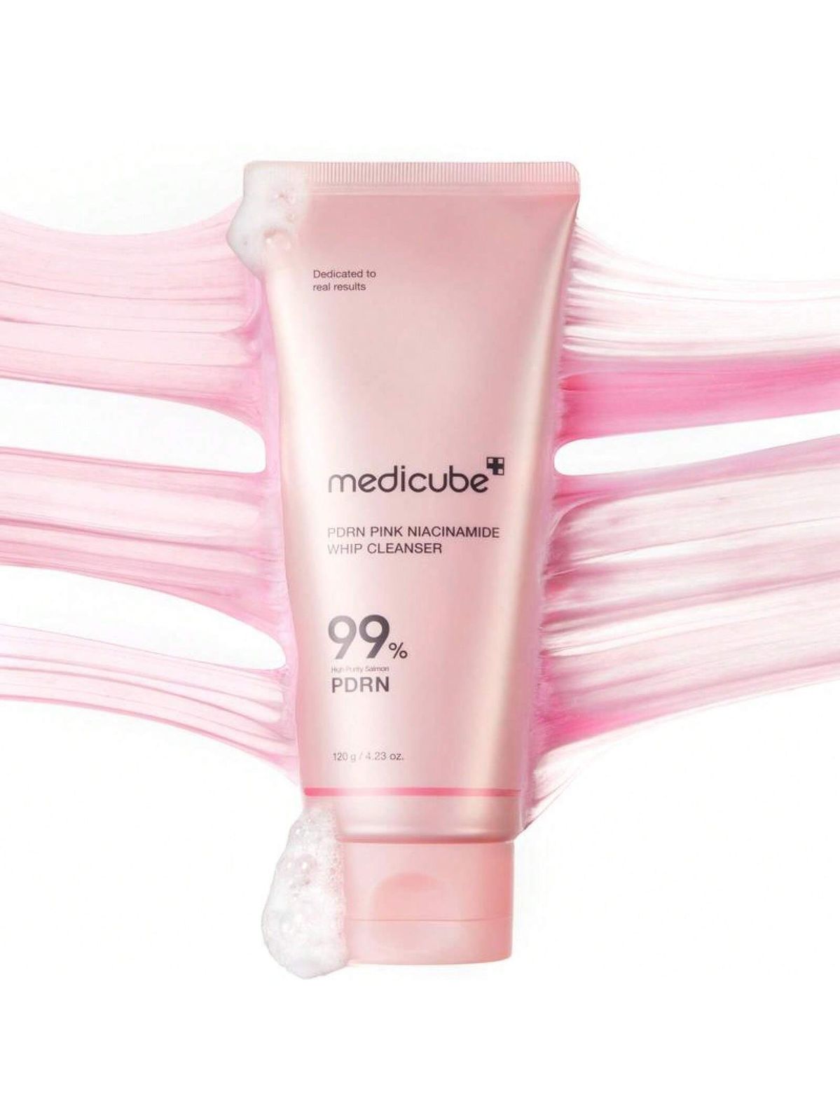 Pink tube of Medicube cleanser with pink ribbons on a white background PDRN Pink Niacinamide Whip Cleanser at beauty culture