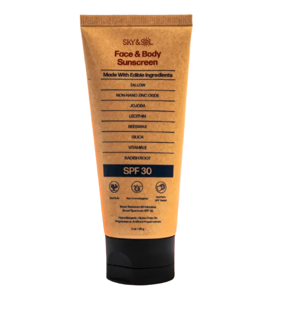 A tube of Sky & Sol Face & Body Sunscreen with SPF 30 protection. The packaging is eco-friendly and displays the product details in a clear, easy-to-read font.