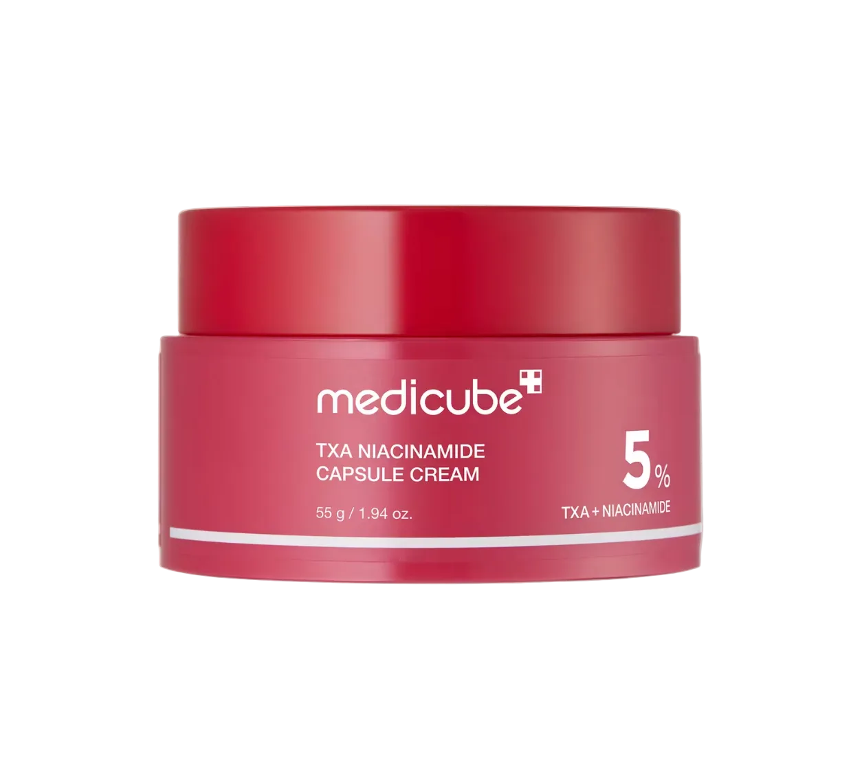 Red jar of Medicube cream on a white background