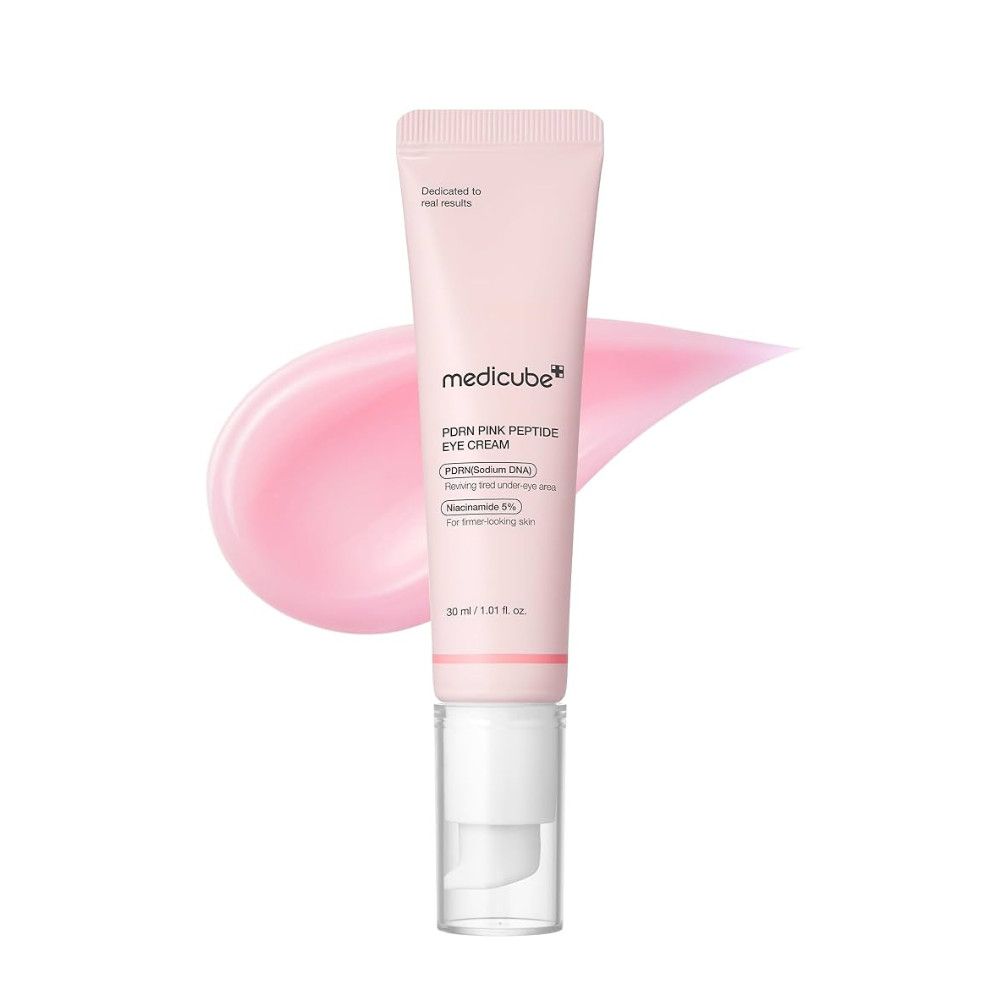 Pink skincare tube with pink smear on a white background Beauty Culture Medicube PDRN Pink Peptide Eye Cream jar under-eye treatment firming brightening